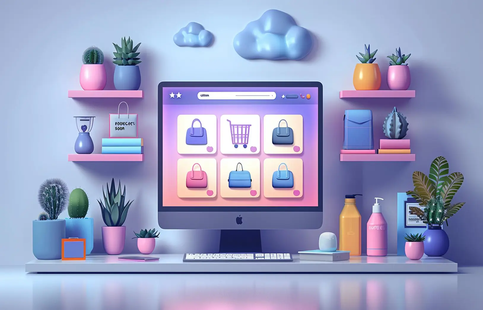online shopping experience displayed computer screen surrounded by decorative plants accessories 3d rendering home office setting with digital storefront 666026 36937 1
