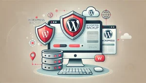 DALL·E 2024 11 17 09.47.24 A visually appealing and modern wide illustration of a WordPress backup concept. The design includes a secure cloud server symbol a shield icon for s
