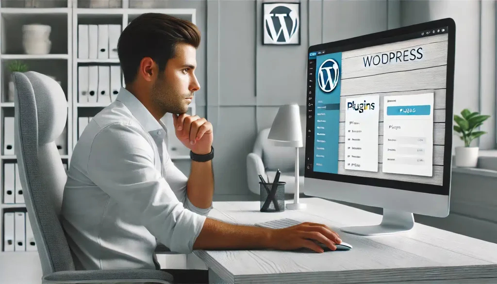 طراحی سایت با کدنویسی یا وردپرس؟ کدام بهتر است؟ 5 DALL·E 2024 11 25 11.57.57 A man sitting at a desk in a modern office environment working on a computer with a WordPress dashboard open specifically showing the Plugins sect