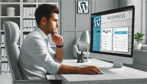 DALL·E 2024 11 25 11.57.57 A man sitting at a desk in a modern office environment working on a computer with a WordPress dashboard open specifically showing the Plugins sect