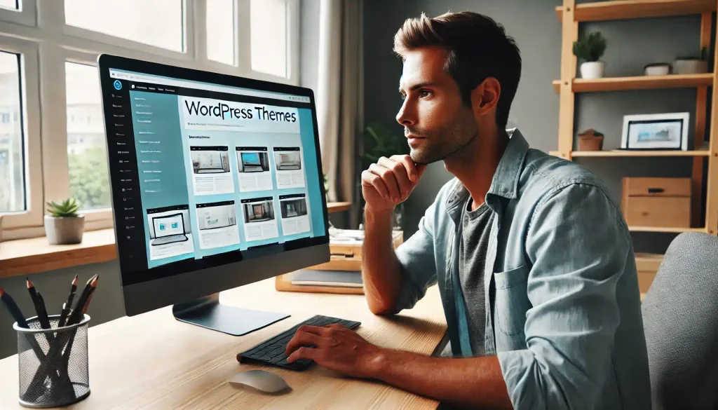 چرا باید سایت داشته باشیم؟ 6 DALL·E 2024 12 08 08.37.35 A man sitting at a desk focused on his computer screen viewing various WordPress themes on the web. He is in a modern office environment with a clea