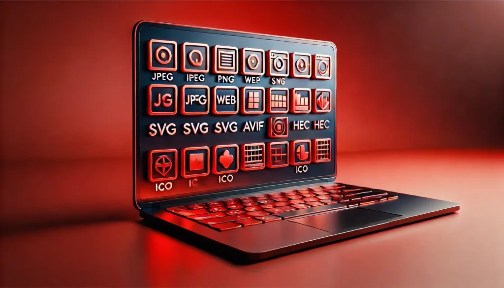 DALL·E 2024 12 24 11.15.58 A modern and minimalistic image of a laptop with a red themed design displaying various image formats like JPEG PNG WebP SVG GIF TIFF AVIF BMP