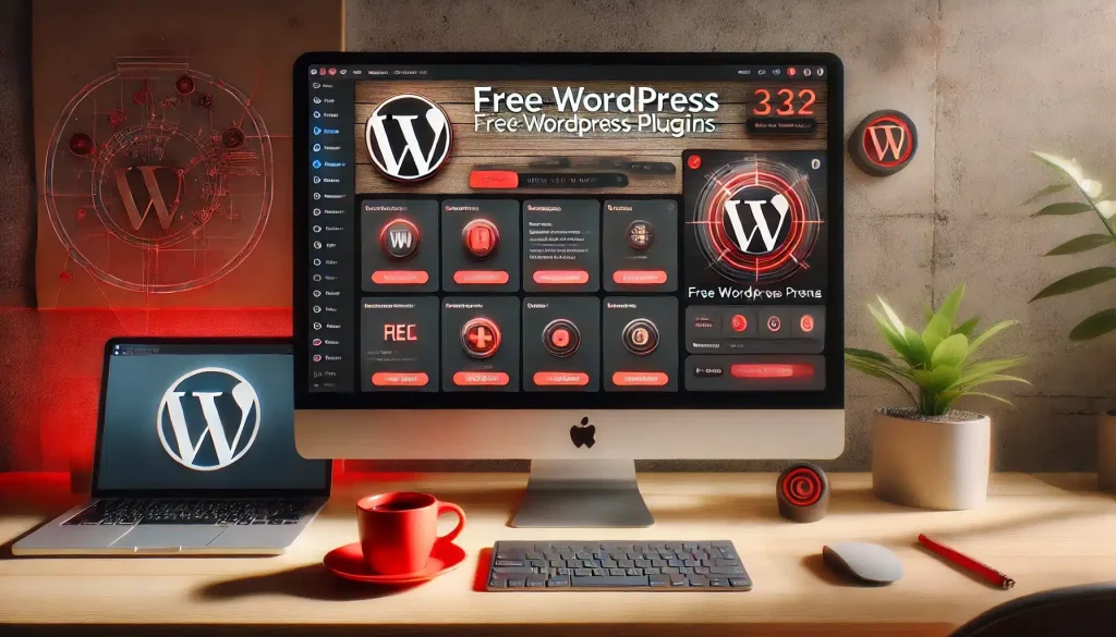 DALL·E 2025 01 11 10.01.15 A realistic desktop screenshot showing a WordPress dashboard open on a computer screen highlighting a section displaying free WordPress plugins with